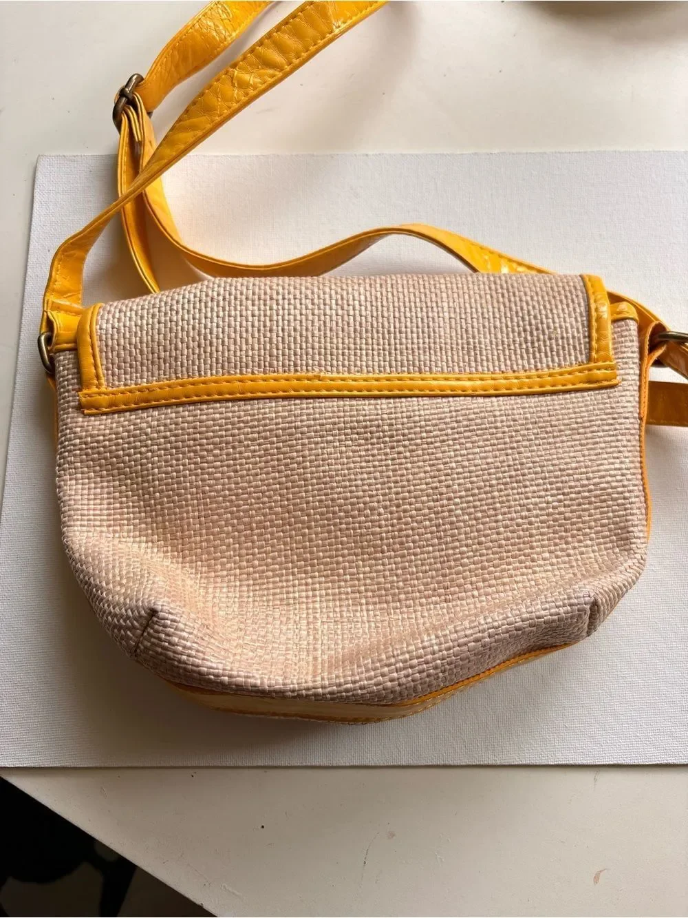 Xhilaration Beige Woven Crossbody with Yellow Trim